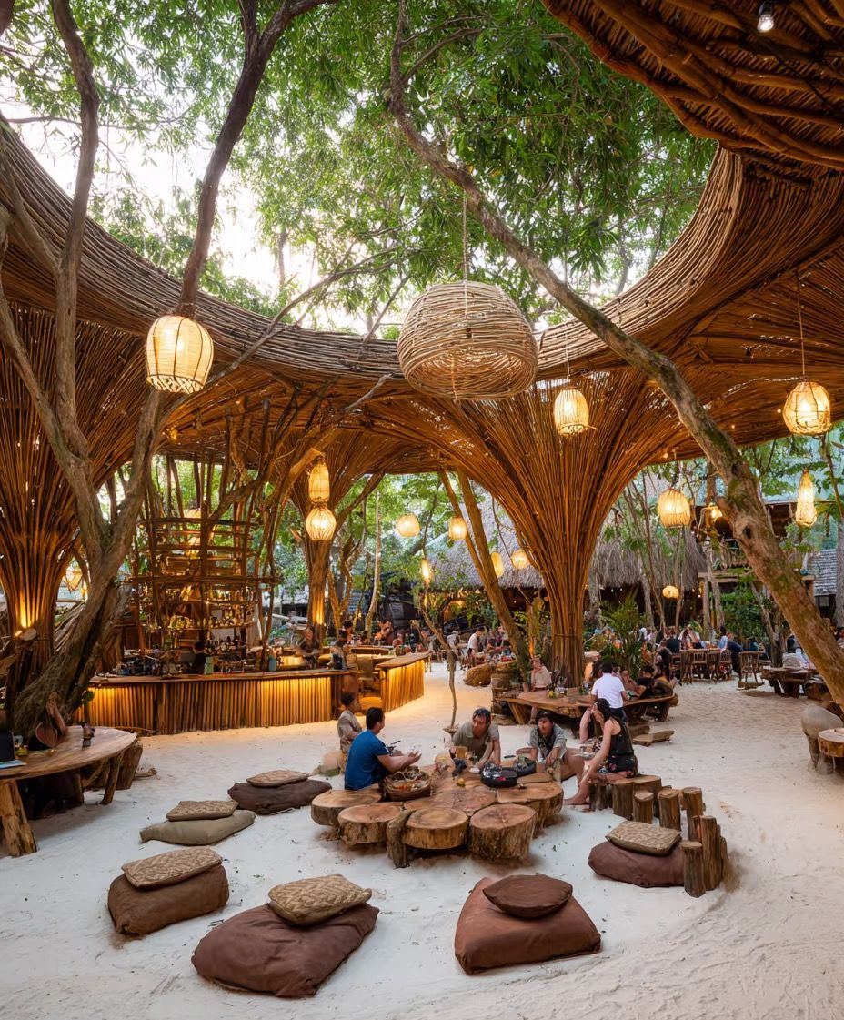 Open-air jungle-style hostel lounge with lantern lighting over sand floor