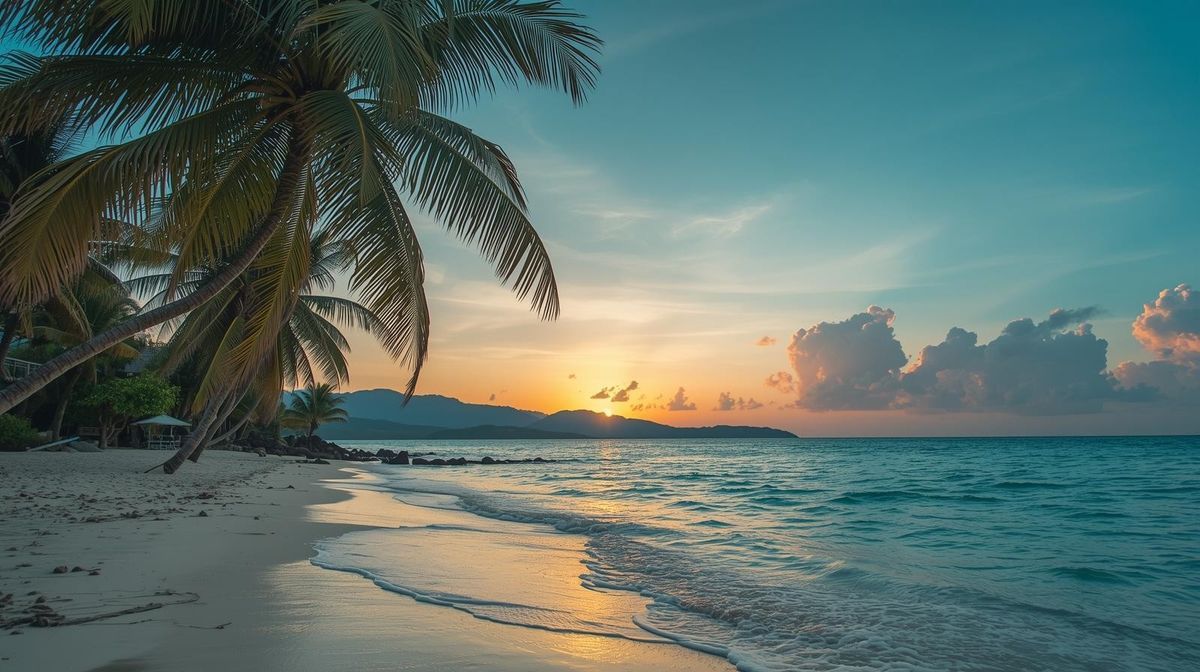 Palm trees framing a tropical beach at sunset with calm turquoise water
