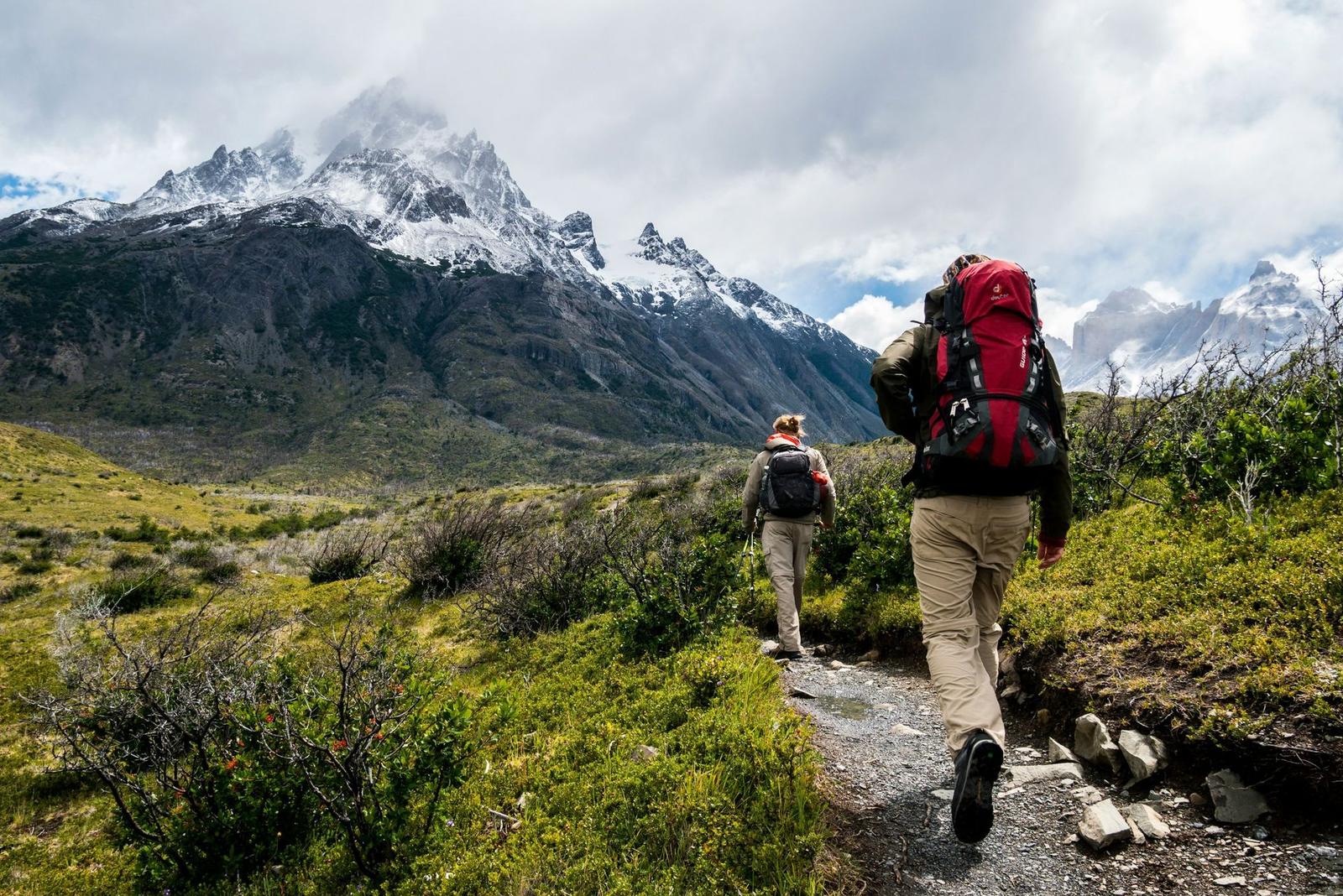 Hikers on a trail looking toward snow-capped Patagonian peaks