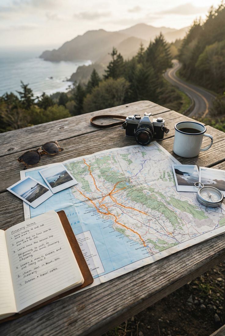Map, camera, compass and coffee laid out on a table overlooking the coast